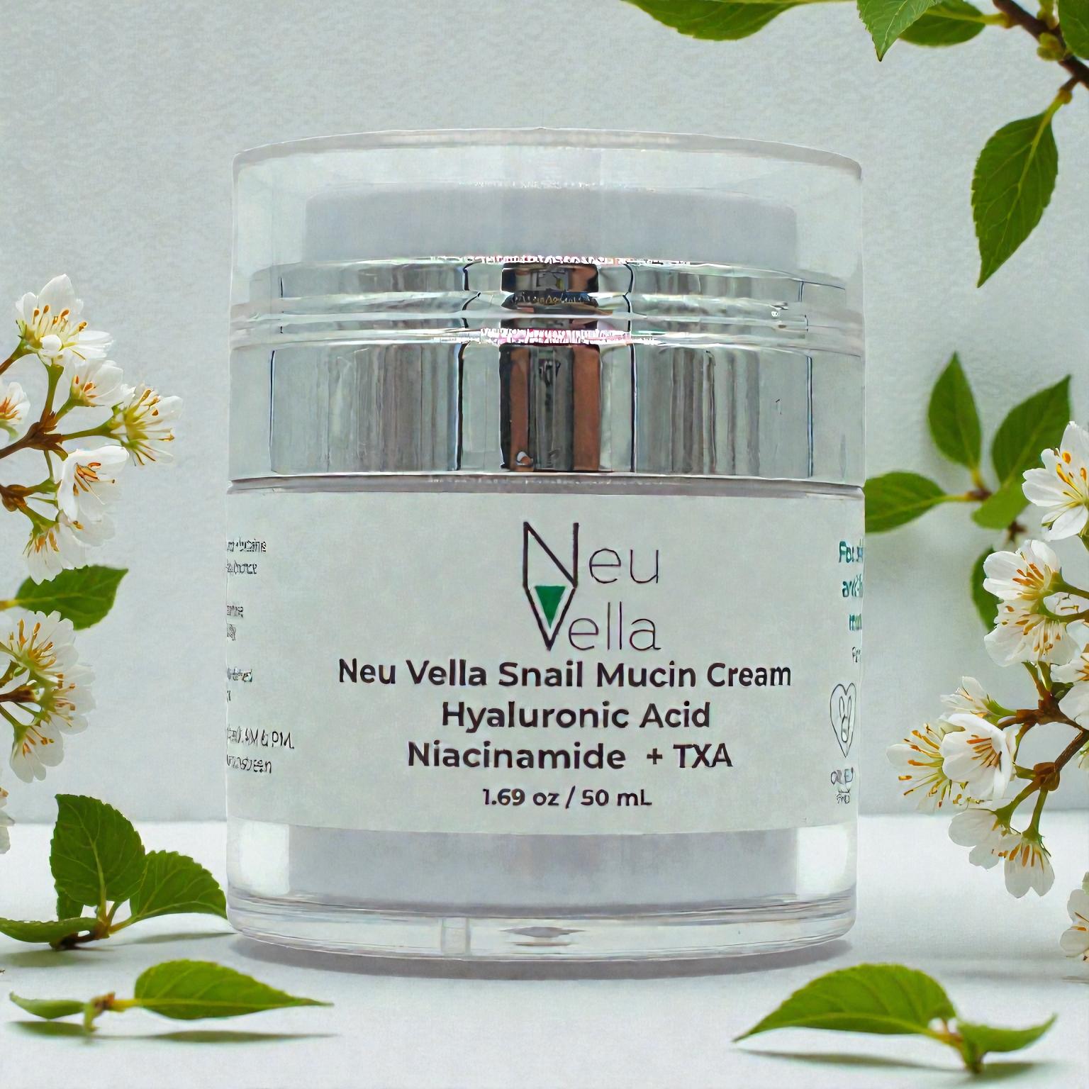Neu Vella Snail Mucin Cream -Hyaluronic Acid + Niacinamide + TXA -for Dewy, Even-Looking Skin-1.69 oz