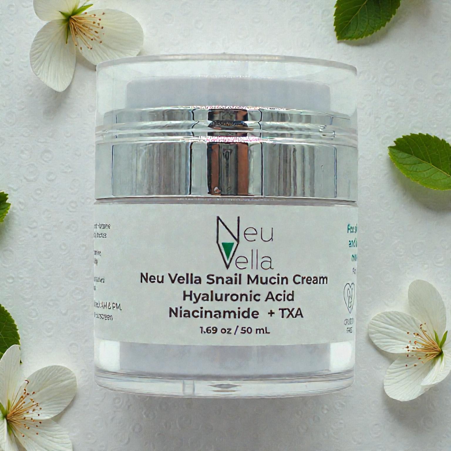 Neu Vella Snail Mucin Cream -Hyaluronic Acid + Niacinamide + TXA -for Dewy, Even-Looking Skin-1.69 oz