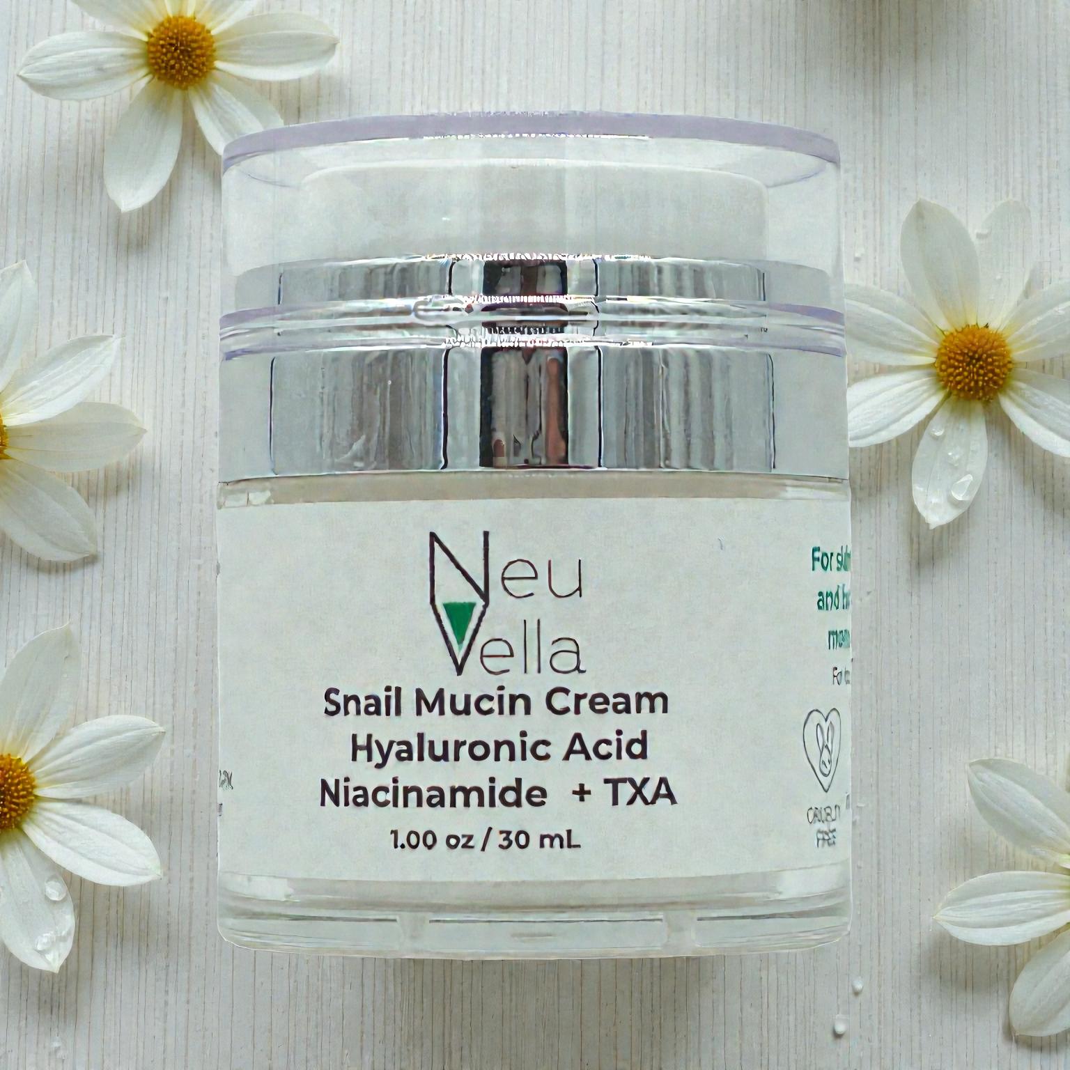 Neu Vella Snail Mucin Cream -Hyaluronic Acid + Niacinamide + TXA -for Dewy, Even-Looking Skin-1 oz